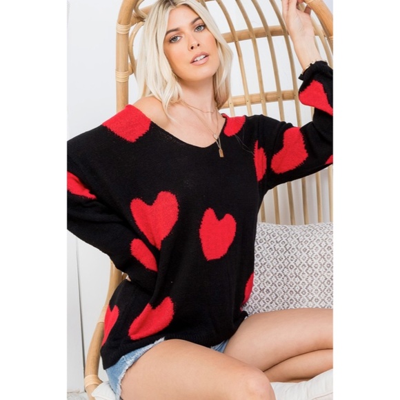 Black Red Multi Heart Knit V-Neck Valentines Day Long Sleeve Relaxed Sweater - Picture 2 of 10